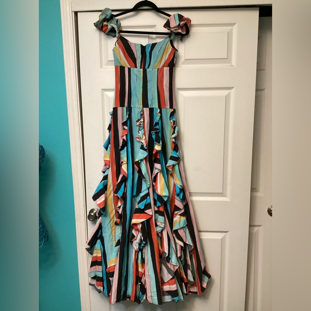 Caroline Constas Ruffle Rainbow Stripe Gown Maxi Dress in Black Multi - Picture 7 of 9
